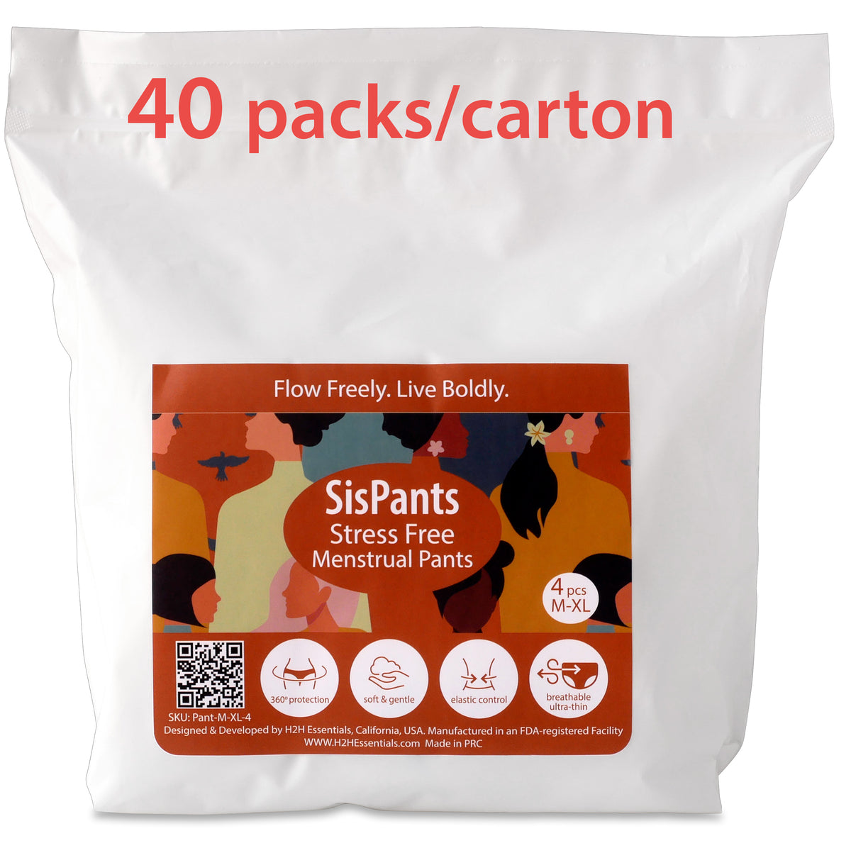 BULK SisPants - Disposable Period Underwear for Women, Postpartum Panties, Maternity, M to XL, 40Bags/Carton